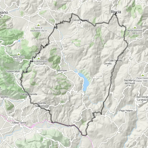 Map miniature of "The Mountain Challenge" cycling inspiration in Molise, Italy. Generated by Tarmacs.app cycling route planner