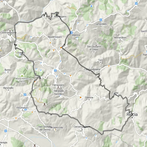 Map miniature of "The Riccia Countryside Ride" cycling inspiration in Molise, Italy. Generated by Tarmacs.app cycling route planner