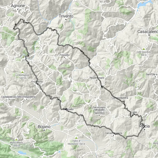 Map miniature of "The Riccia Circular Road Ride" cycling inspiration in Molise, Italy. Generated by Tarmacs.app cycling route planner
