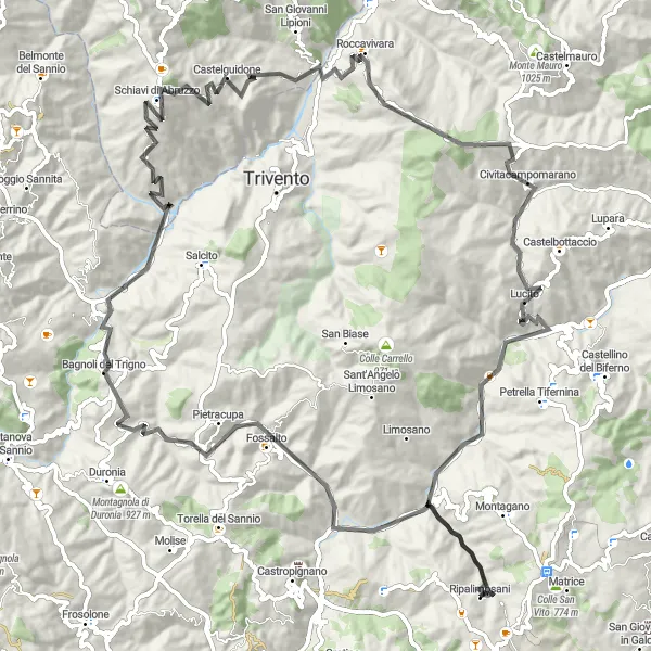 Map miniature of "Road Cycling Adventure: Natural beauty and historical landmarks" cycling inspiration in Molise, Italy. Generated by Tarmacs.app cycling route planner
