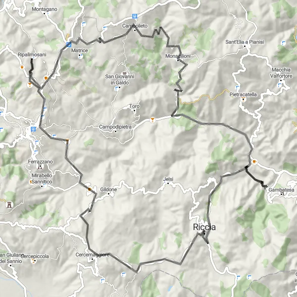 Map miniature of "Monacilioni Challenge" cycling inspiration in Molise, Italy. Generated by Tarmacs.app cycling route planner