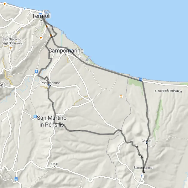 Miniatura della mappa di ispirazione al ciclismo "Giro in bici Campomarino - Chieuti" nella regione di Molise, Italy. Generata da Tarmacs.app, pianificatore di rotte ciclistiche