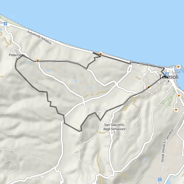 Miniatura della mappa di ispirazione al ciclismo "Giro in bicicletta Petacciato - Termoli" nella regione di Molise, Italy. Generata da Tarmacs.app, pianificatore di rotte ciclistiche