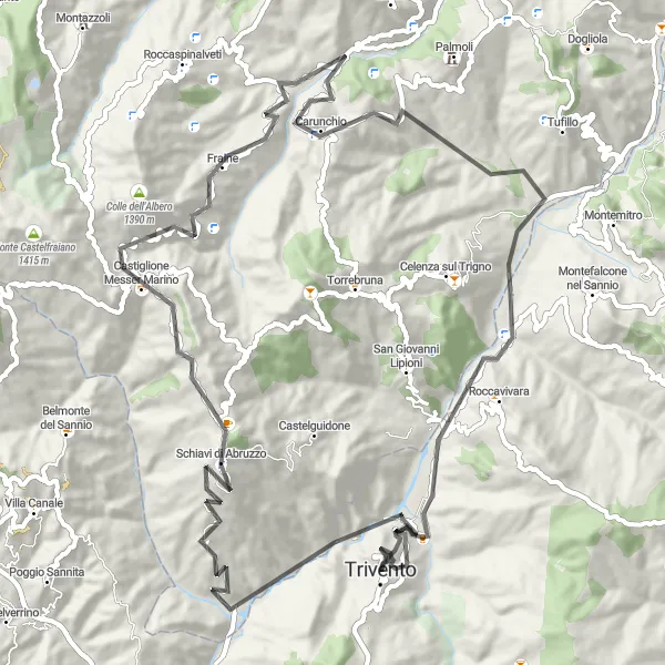 Miniatura della mappa di ispirazione al ciclismo "Cicloturismo a Schiavi di Abruzzo" nella regione di Molise, Italy. Generata da Tarmacs.app, pianificatore di rotte ciclistiche