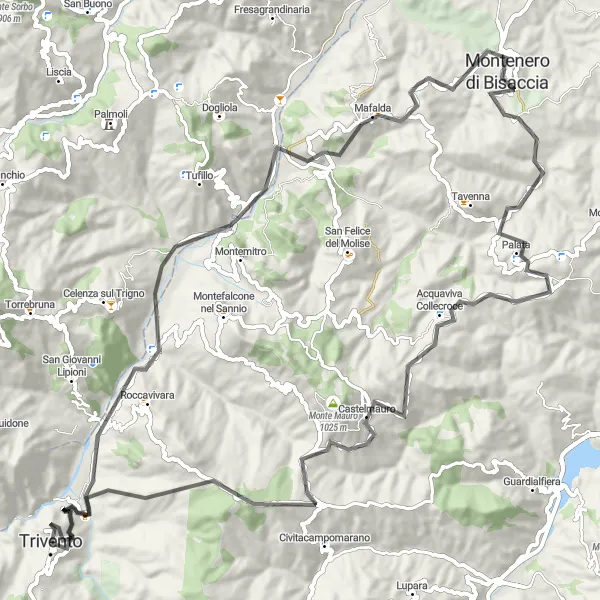 Miniatura della mappa di ispirazione al ciclismo "Pedalando tra Trivento e il Colle delle Sese" nella regione di Molise, Italy. Generata da Tarmacs.app, pianificatore di rotte ciclistiche