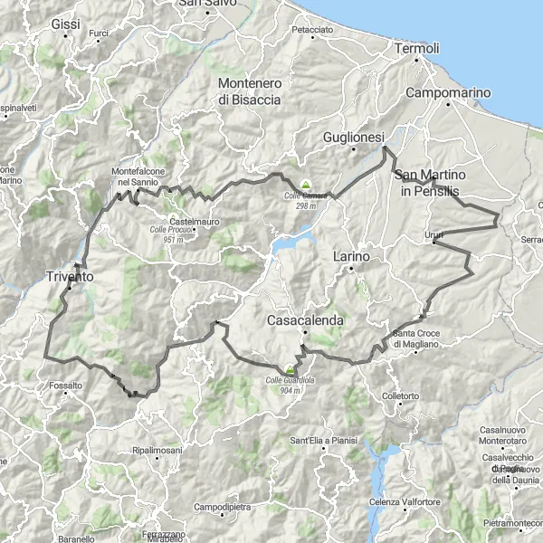 Map miniature of "Trivento to Colle Jocca Road Cycling Route II" cycling inspiration in Molise, Italy. Generated by Tarmacs.app cycling route planner
