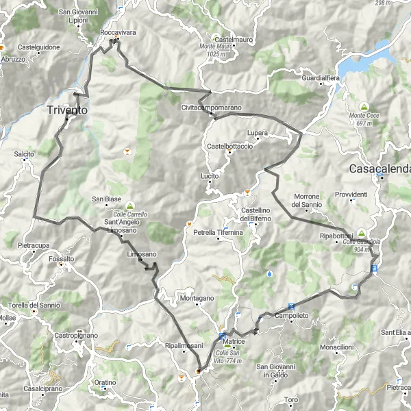 Miniatura della mappa di ispirazione al ciclismo "Giro in bici da Trivento a Colle Jocca" nella regione di Molise, Italy. Generata da Tarmacs.app, pianificatore di rotte ciclistiche