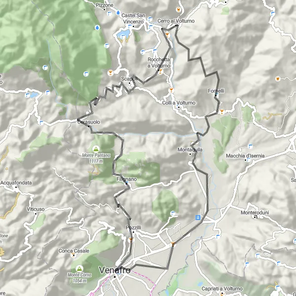 Miniatura della mappa di ispirazione al ciclismo "Giro panoramico tra Venafro e Anfiteatro Verlascio" nella regione di Molise, Italy. Generata da Tarmacs.app, pianificatore di rotte ciclistiche