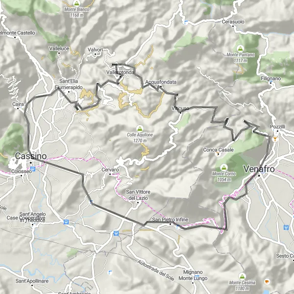 Miniatura della mappa di ispirazione al ciclismo "Giro in bicicletta da Venafro a Colle Rimondato" nella regione di Molise, Italy. Generata da Tarmacs.app, pianificatore di rotte ciclistiche