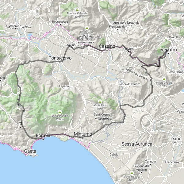 Miniatura della mappa di ispirazione al ciclismo "Giro in bicicletta di 167 km da Venafro" nella regione di Molise, Italy. Generata da Tarmacs.app, pianificatore di rotte ciclistiche