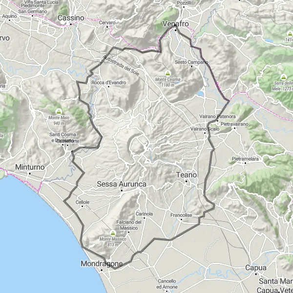 Miniatura della mappa di ispirazione al ciclismo "Tour in bicicletta da Venafro a Ceppagna attraverso Sant'Andrea del Garigliano" nella regione di Molise, Italy. Generata da Tarmacs.app, pianificatore di rotte ciclistiche