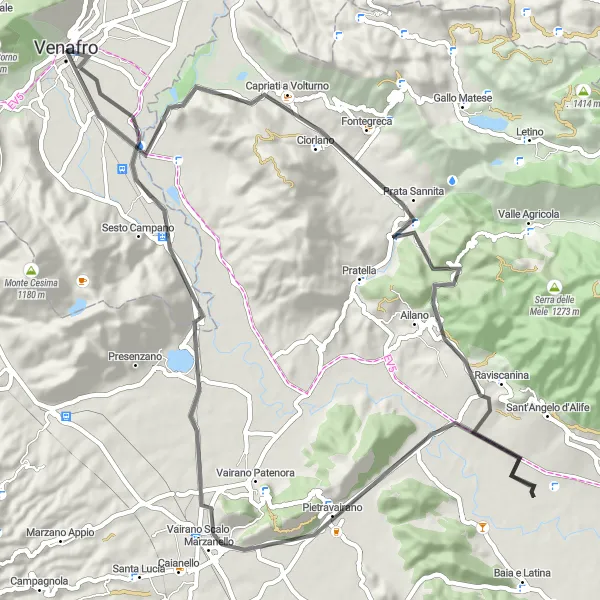 Miniatura della mappa di ispirazione al ciclismo "Scopri Capriati a Volturno e Valico del Varo in bici da Venafro" nella regione di Molise, Italy. Generata da Tarmacs.app, pianificatore di rotte ciclistiche