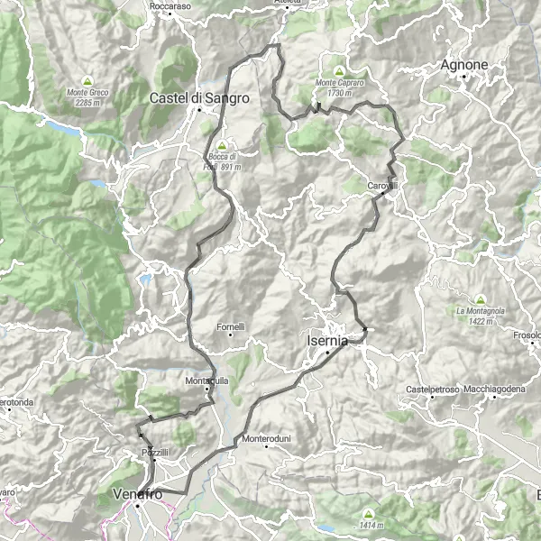 Miniatura della mappa di ispirazione al ciclismo "Giro in bicicletta da Venafro a Anfiteatro Verlascio" nella regione di Molise, Italy. Generata da Tarmacs.app, pianificatore di rotte ciclistiche
