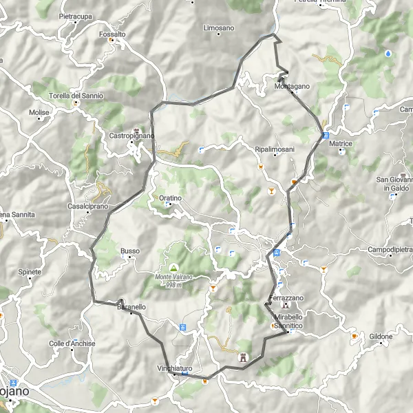 Miniatura della mappa di ispirazione al ciclismo "Percorso ciclabile di 67 km da Vinchiaturo" nella regione di Molise, Italy. Generata da Tarmacs.app, pianificatore di rotte ciclistiche