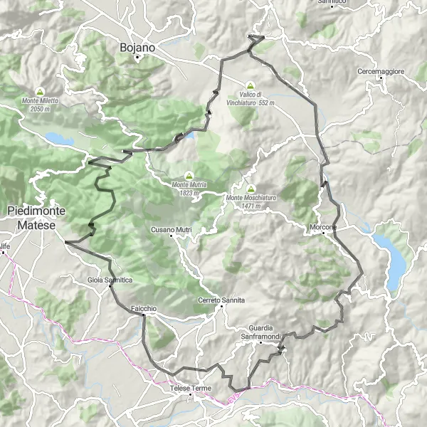 Miniatura della mappa di ispirazione al ciclismo "Esplorazione in bicicletta di 128 km partendo da Vinchiaturo" nella regione di Molise, Italy. Generata da Tarmacs.app, pianificatore di rotte ciclistiche