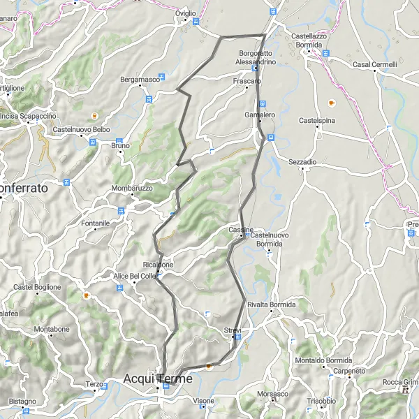 Miniaturní mapa "Okružní cyklistická trasa z Acqui Terme" inspirace pro cyklisty v oblasti Piemonte, Italy. Vytvořeno pomocí plánovače tras Tarmacs.app