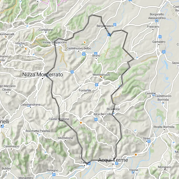 Mapa miniatúra "Cyklotrasa cez Castel Boglione a Maranzana" cyklistická inšpirácia v Piemonte, Italy. Vygenerované cyklistickým plánovačom trás Tarmacs.app