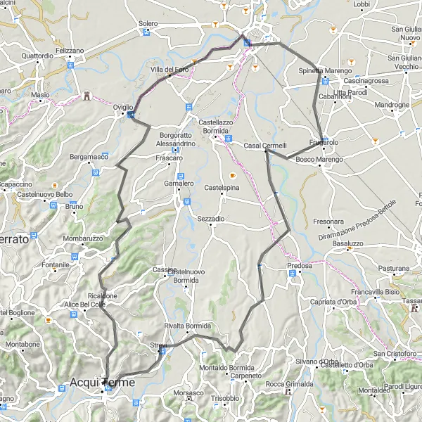 Miniature de la carte de l'inspiration cycliste "Vers les collines de Monferrato" dans la Piemonte, Italy. Générée par le planificateur d'itinéraire cycliste Tarmacs.app