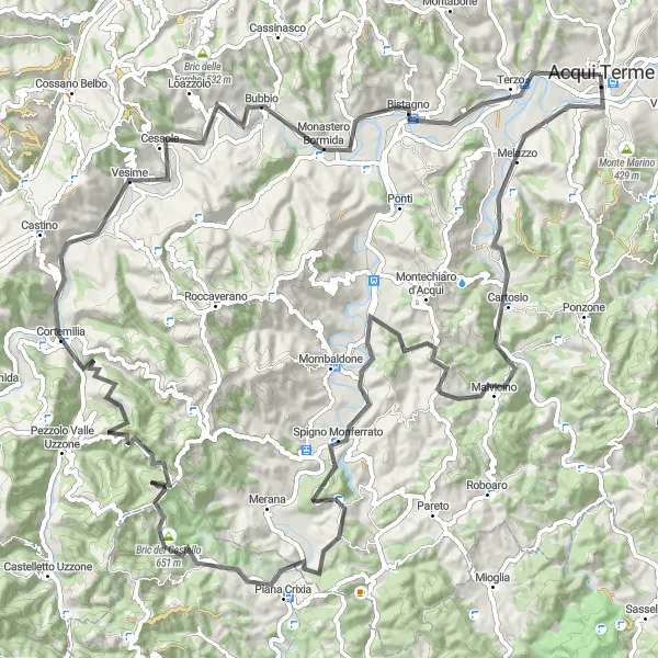 Zemljevid v pomanjšavi "Potovanje skozi čudovite gričevnate kraje" kolesarske inspiracije v Piemonte, Italy. Generirano z načrtovalcem kolesarskih poti Tarmacs.app