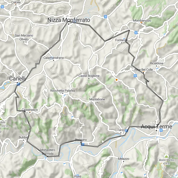 Miniaturní mapa "Prozkoumání okolí Acqui Terme" inspirace pro cyklisty v oblasti Piemonte, Italy. Vytvořeno pomocí plánovače tras Tarmacs.app