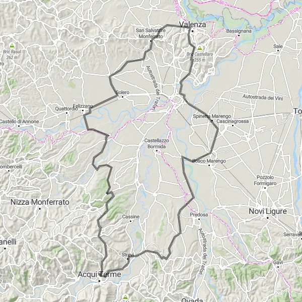 Miniatura della mappa di ispirazione al ciclismo "Avventura ciclistica tra Maranzana e Valenza" nella regione di Piemonte, Italy. Generata da Tarmacs.app, pianificatore di rotte ciclistiche