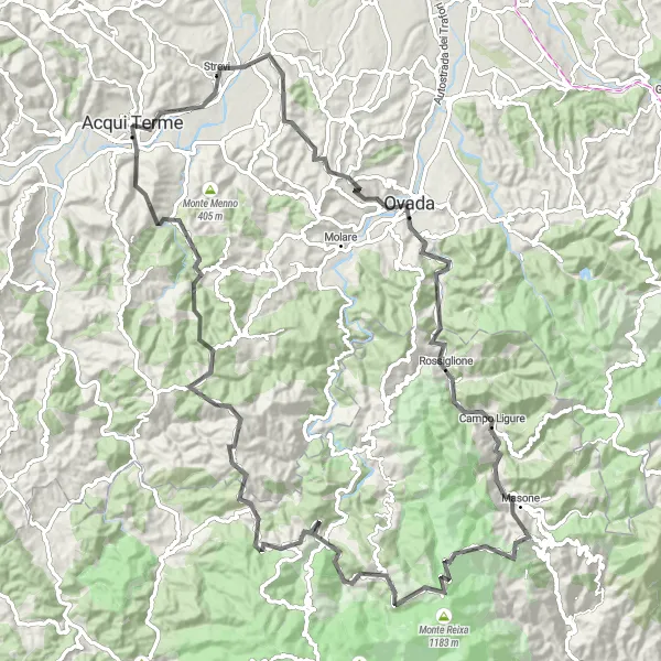 Miniatura della mappa di ispirazione al ciclismo "Avventura ciclistica tra Acqui Terme e Monte Marino" nella regione di Piemonte, Italy. Generata da Tarmacs.app, pianificatore di rotte ciclistiche