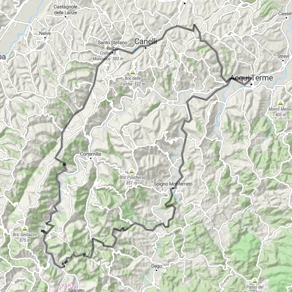 Miniatura della mappa di ispirazione al ciclismo "Giro panoramico tra Acqui Terme e Canelli" nella regione di Piemonte, Italy. Generata da Tarmacs.app, pianificatore di rotte ciclistiche