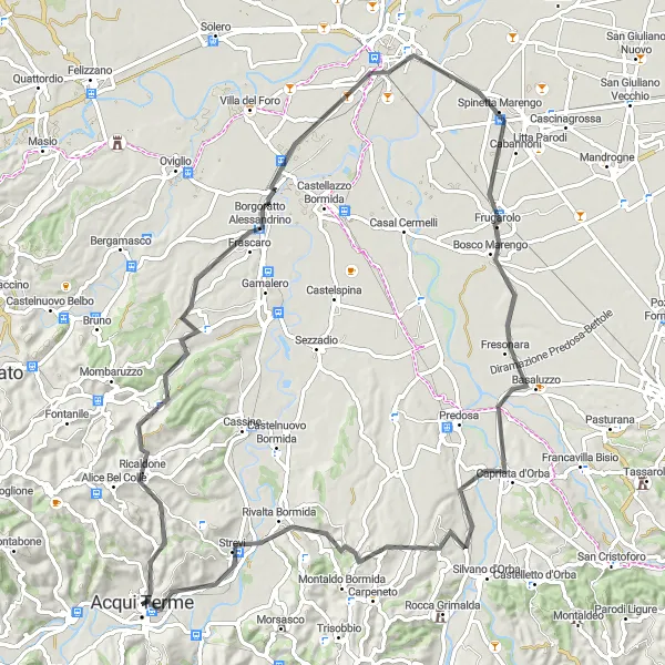 Miniatua del mapa de inspiración ciclista "Recorrido escénico por la región vinícola de Acqui Terme" en Piemonte, Italy. Generado por Tarmacs.app planificador de rutas ciclistas