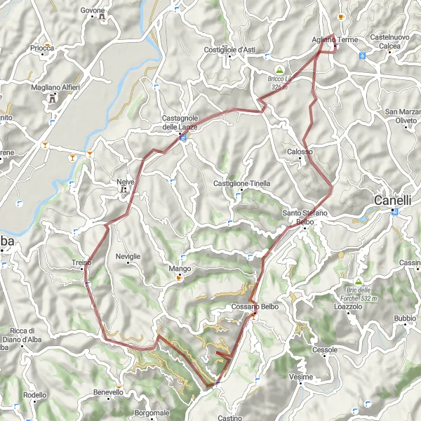 Miniaturekort af cykelinspirationen "Calosso og Neive Grus Cykeltur" i Piemonte, Italy. Genereret af Tarmacs.app cykelruteplanlægger