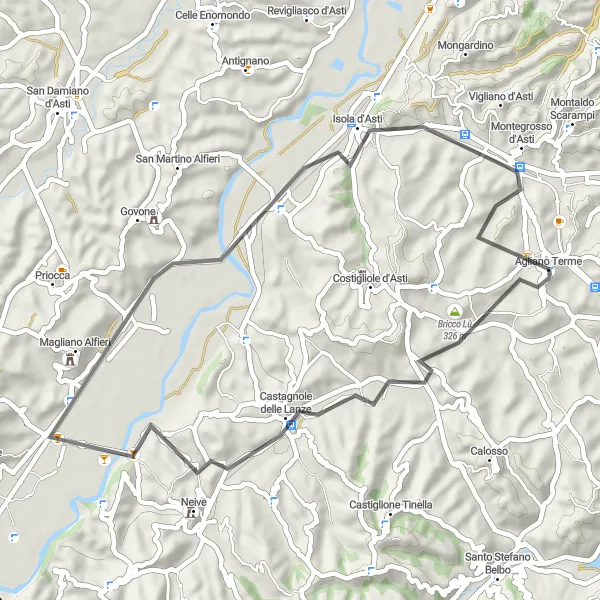 Miniatua del mapa de inspiración ciclista "Ruta por carretera cerca de Agliano Terme" en Piemonte, Italy. Generado por Tarmacs.app planificador de rutas ciclistas