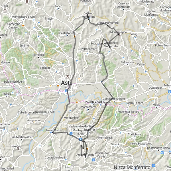 Miniatura della mappa di ispirazione al ciclismo "Sulle strade di Asti" nella regione di Piemonte, Italy. Generata da Tarmacs.app, pianificatore di rotte ciclistiche