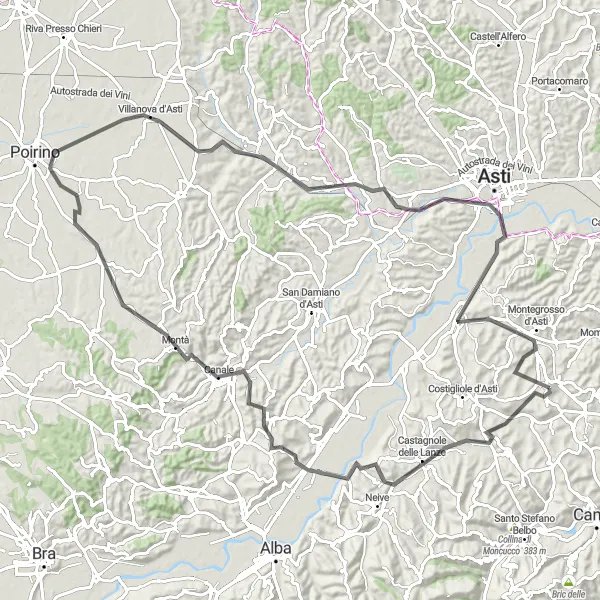 Miniatura della mappa di ispirazione al ciclismo "Giro in bicicletta da Agliano Terme attraverso le colline del Piemonte" nella regione di Piemonte, Italy. Generata da Tarmacs.app, pianificatore di rotte ciclistiche