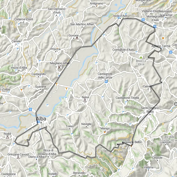 Kartminiatyr av "Rundtur til Alba via Calosso og Isola d'Asti" sykkelinspirasjon i Piemonte, Italy. Generert av Tarmacs.app sykkelrutoplanlegger