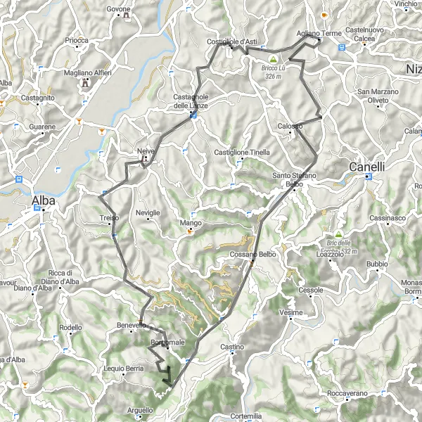 Miniatua del mapa de inspiración ciclista "Ruta escénica por carretera cerca de Agliano Terme" en Piemonte, Italy. Generado por Tarmacs.app planificador de rutas ciclistas