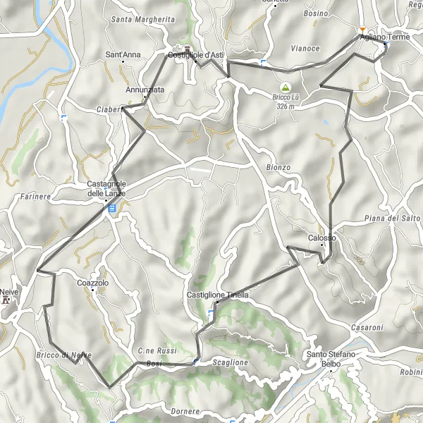 Map miniature of "The Vineyards of Costigliole d'Asti" cycling inspiration in Piemonte, Italy. Generated by Tarmacs.app cycling route planner