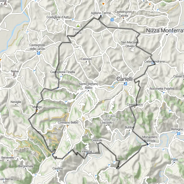 Map miniature of "The Hilltops of Langhe" cycling inspiration in Piemonte, Italy. Generated by Tarmacs.app cycling route planner