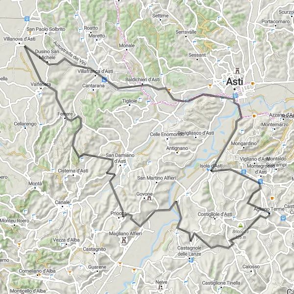 Miniature de la carte de l'inspiration cycliste "L’Épopée des collines du Roero : de San Damiano d'Asti à Isola d'Asti" dans la Piemonte, Italy. Générée par le planificateur d'itinéraire cycliste Tarmacs.app