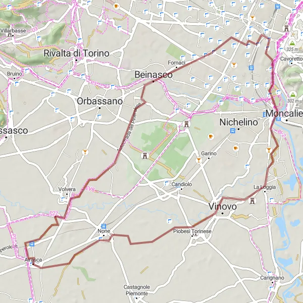 Kartminiatyr av "Grusvei sykling fra Airasca til Piobesi Torinese" sykkelinspirasjon i Piemonte, Italy. Generert av Tarmacs.app sykkelrutoplanlegger