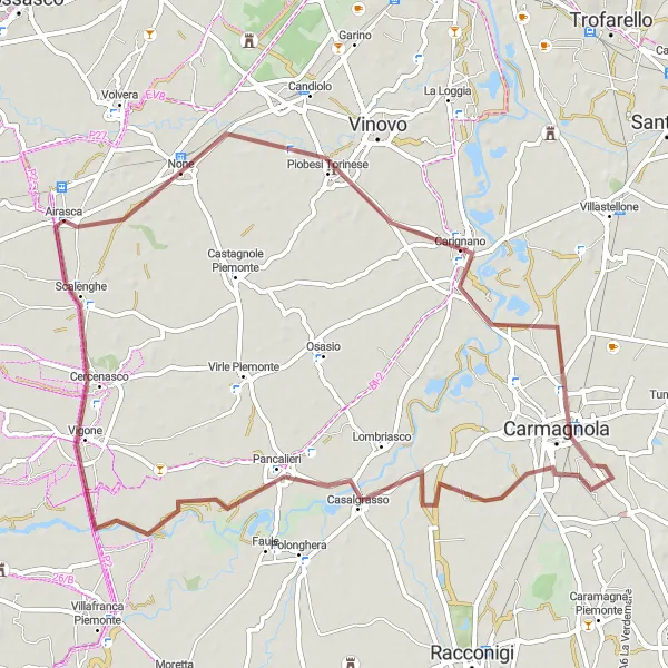 Kartminiatyr av "Grusvei sykling fra Piobesi Torinese til Scalenghe" sykkelinspirasjon i Piemonte, Italy. Generert av Tarmacs.app sykkelrutoplanlegger