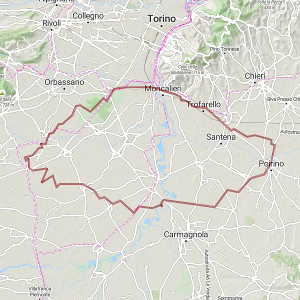 Map miniature of "Explore the Countryside on a Gravel Adventure near Airasca" cycling inspiration in Piemonte, Italy. Generated by Tarmacs.app cycling route planner