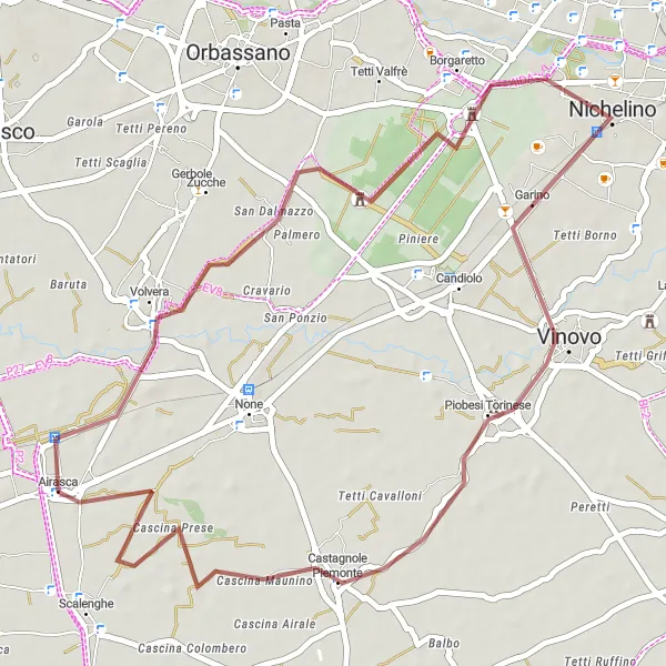 Miniatura della mappa di ispirazione al ciclismo "Gravel tra Airasca e Piobesi Torinese" nella regione di Piemonte, Italy. Generata da Tarmacs.app, pianificatore di rotte ciclistiche