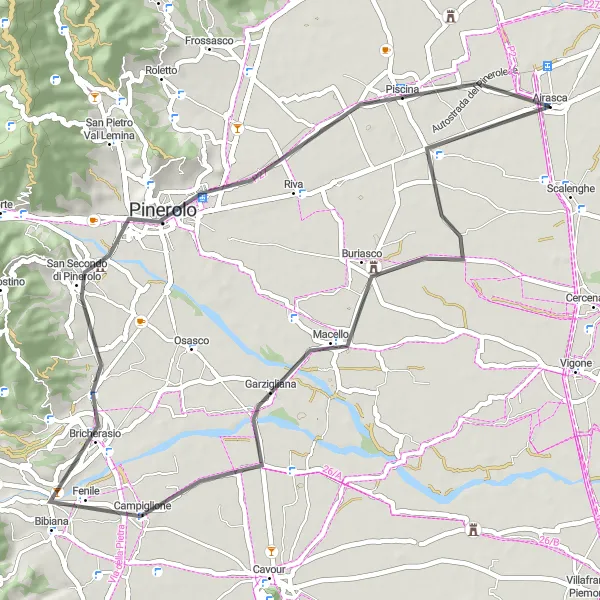 Map miniature of "Cycling through Villages and Vineyards in Airasca" cycling inspiration in Piemonte, Italy. Generated by Tarmacs.app cycling route planner