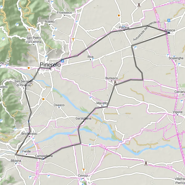 Miniatuurkaart van de fietsinspiratie "Wegavontuur naar Pinerolo" in Piemonte, Italy. Gemaakt door de Tarmacs.app fietsrouteplanner