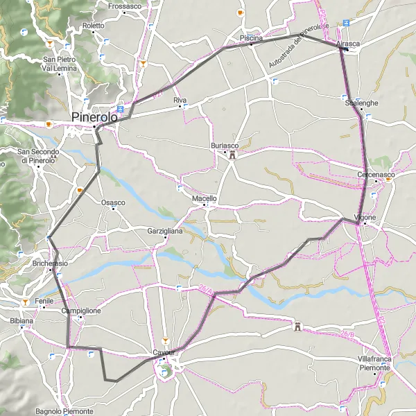 Miniatua del mapa de inspiración ciclista "Ruta de ciclismo en carretera de Airasca a Pinerolo" en Piemonte, Italy. Generado por Tarmacs.app planificador de rutas ciclistas
