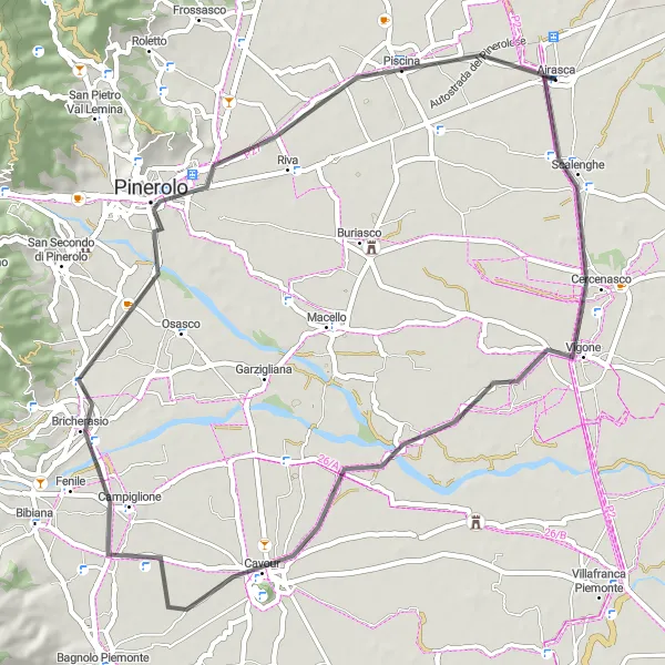 Mapa miniatúra "Cyklistický okruh cez Vigone a Cavour" cyklistická inšpirácia v Piemonte, Italy. Vygenerované cyklistickým plánovačom trás Tarmacs.app