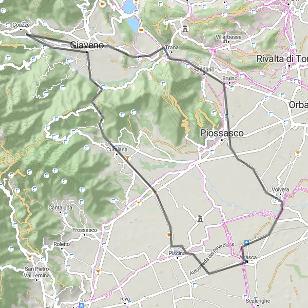 Map miniature of "Challenges and Panoramas: Cycling in the Mountains near Airasca" cycling inspiration in Piemonte, Italy. Generated by Tarmacs.app cycling route planner