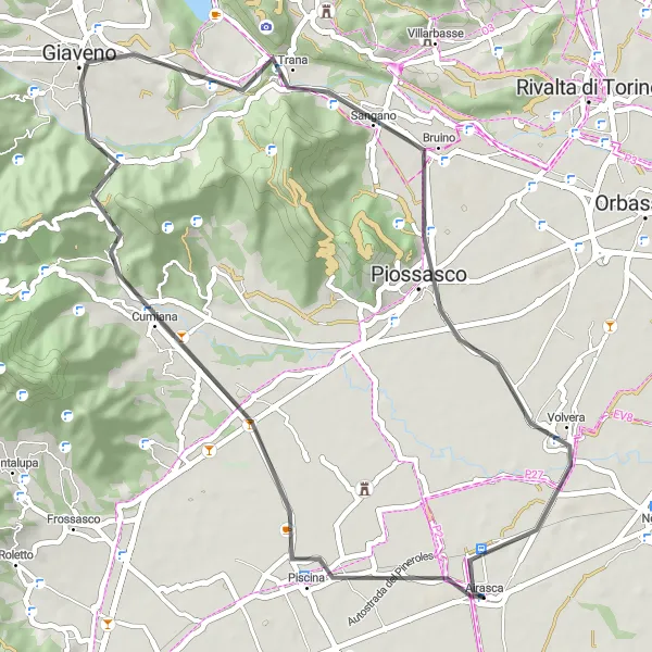 Map miniature of "Scenic Road Ride near Airasca" cycling inspiration in Piemonte, Italy. Generated by Tarmacs.app cycling route planner