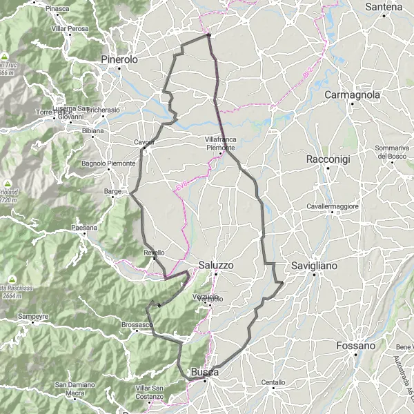 Map miniature of "Challenging Road Loop from Airasca to Macello" cycling inspiration in Piemonte, Italy. Generated by Tarmacs.app cycling route planner