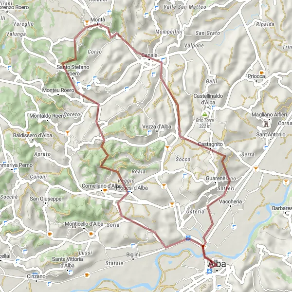 Map miniature of "Roero Gravel Adventure" cycling inspiration in Piemonte, Italy. Generated by Tarmacs.app cycling route planner
