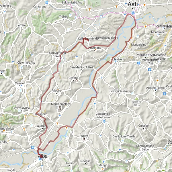 Mapa miniatúra "Gravel Tour de Langhe" cyklistická inšpirácia v Piemonte, Italy. Vygenerované cyklistickým plánovačom trás Tarmacs.app